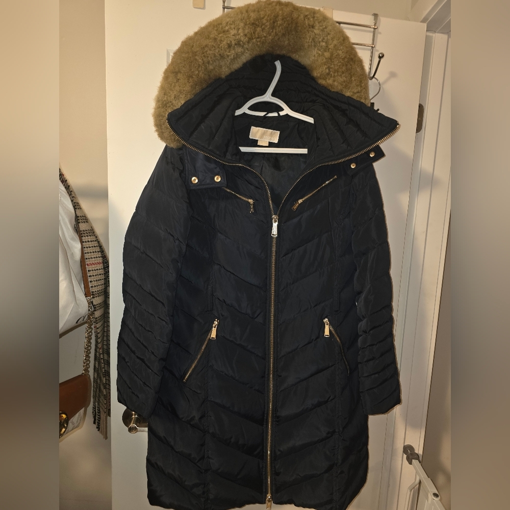 Michaels Navy Puffer Coat with Tan Faux Fur Hood